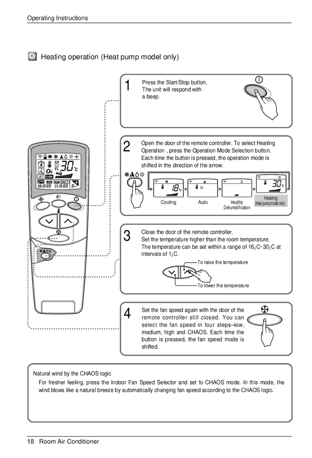 LG Electronics BKE 7630 NS G owner manual Heating operation Heat pump model only 