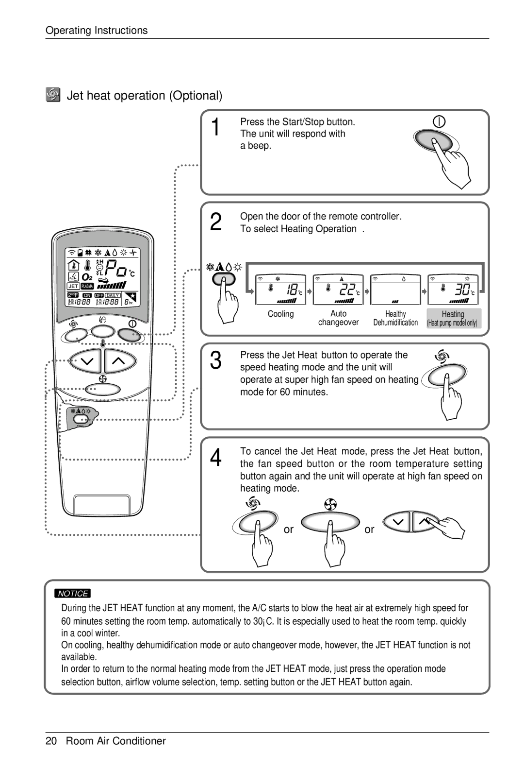 LG Electronics BKE 7630 NS G owner manual Jet heat operation Optional, To select Heating Operation 