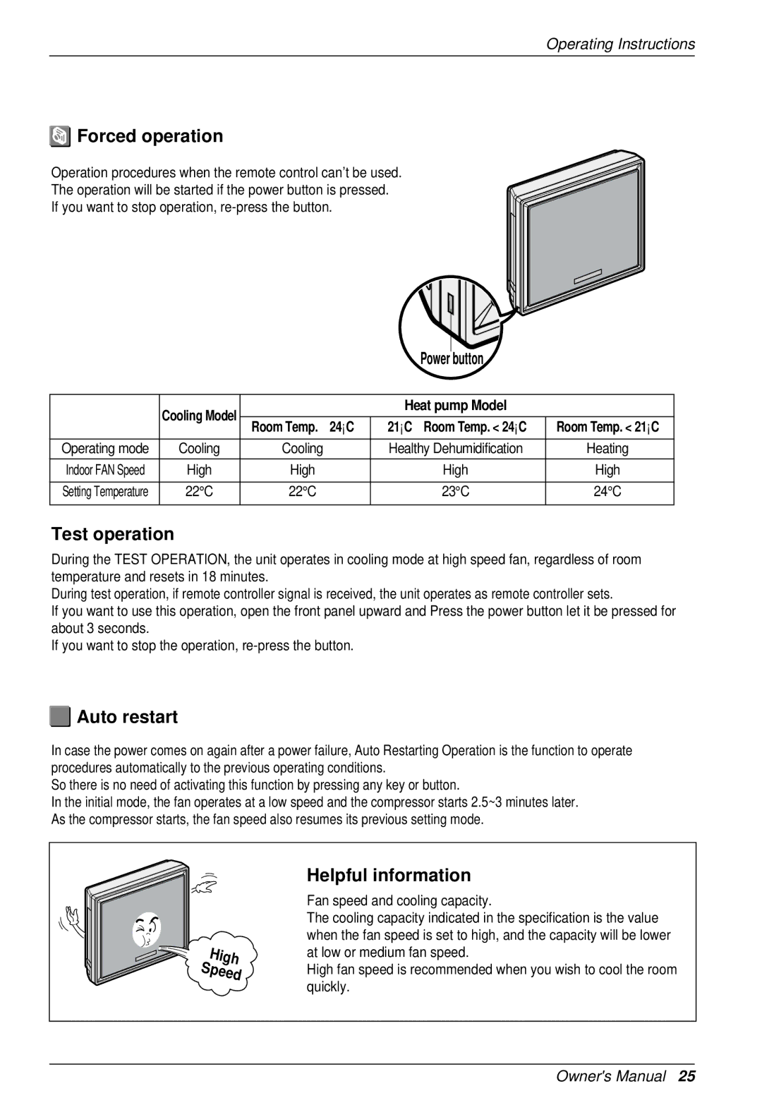 LG Electronics BKE 7630 NS G owner manual Forced operation, Test operation, Auto restart, Helpful information, Power button 