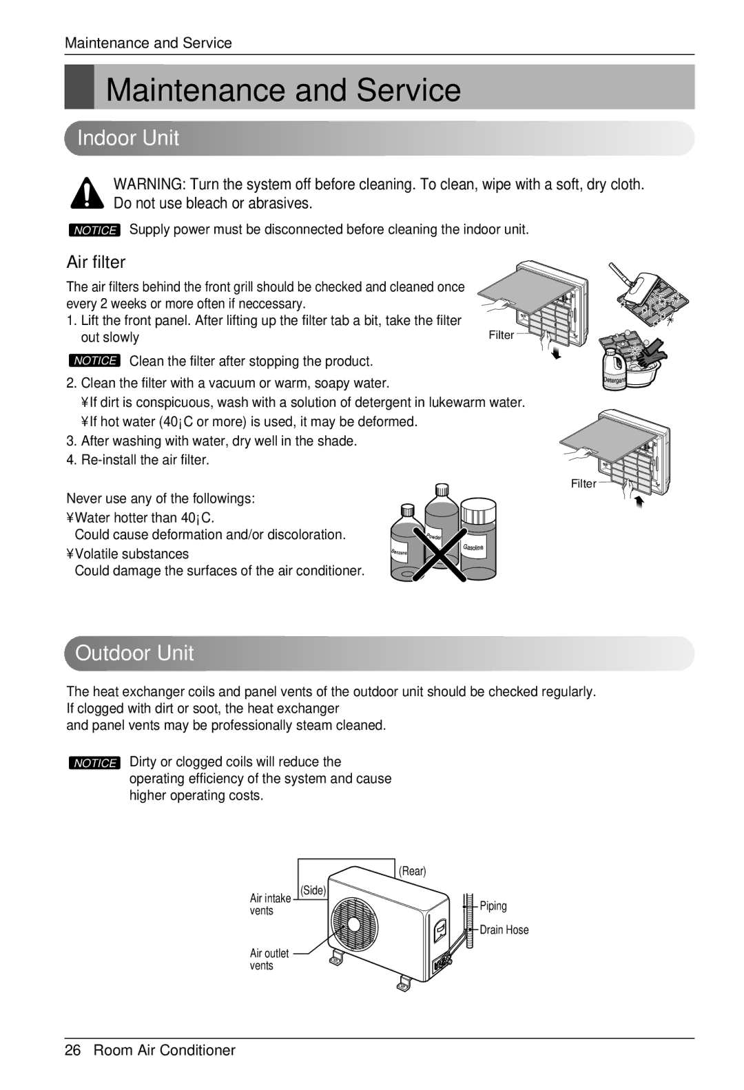 LG Electronics BKE 7630 NS G owner manual Maintenance and Service, Indoor Unit, Outdoor Unit, Air filter 