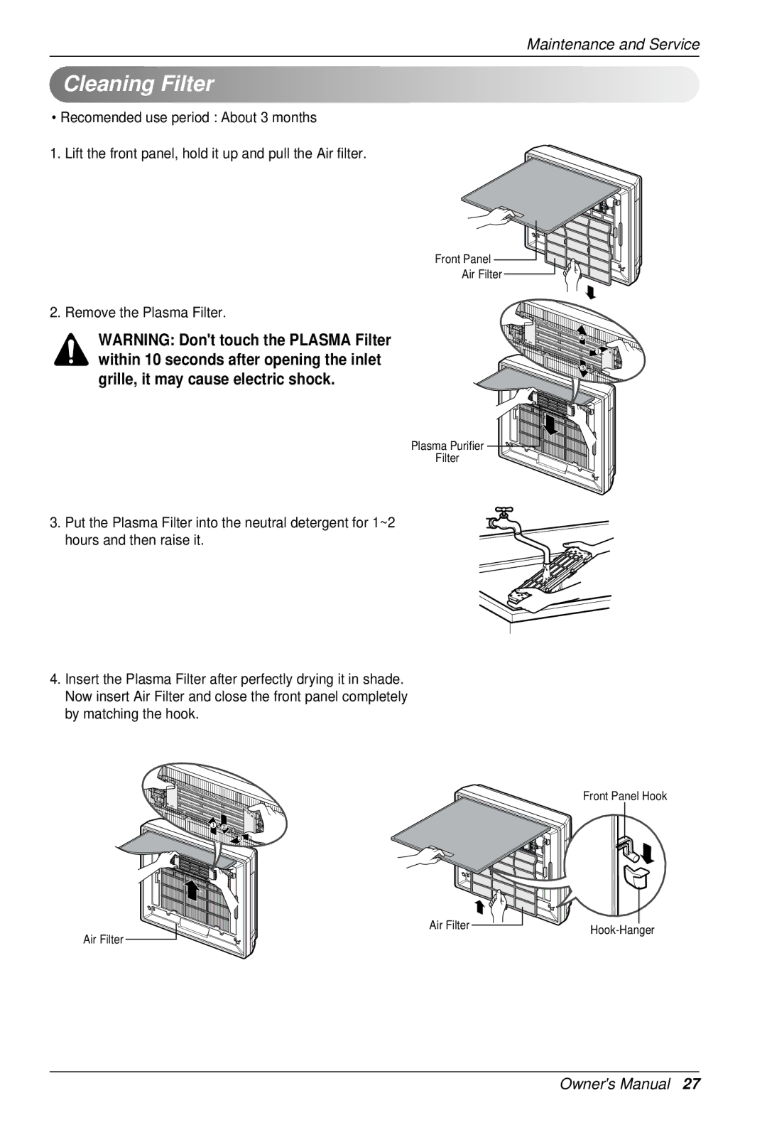 LG Electronics BKE 7630 NS G owner manual Cleaning Filter 