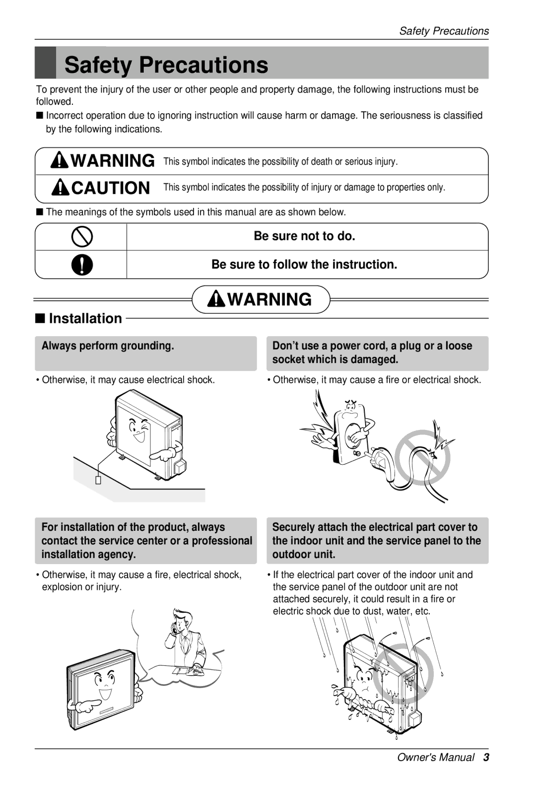 LG Electronics BKE 7630 NS G owner manual Safety Precautions, Be sure not to do Be sure to follow the instruction 