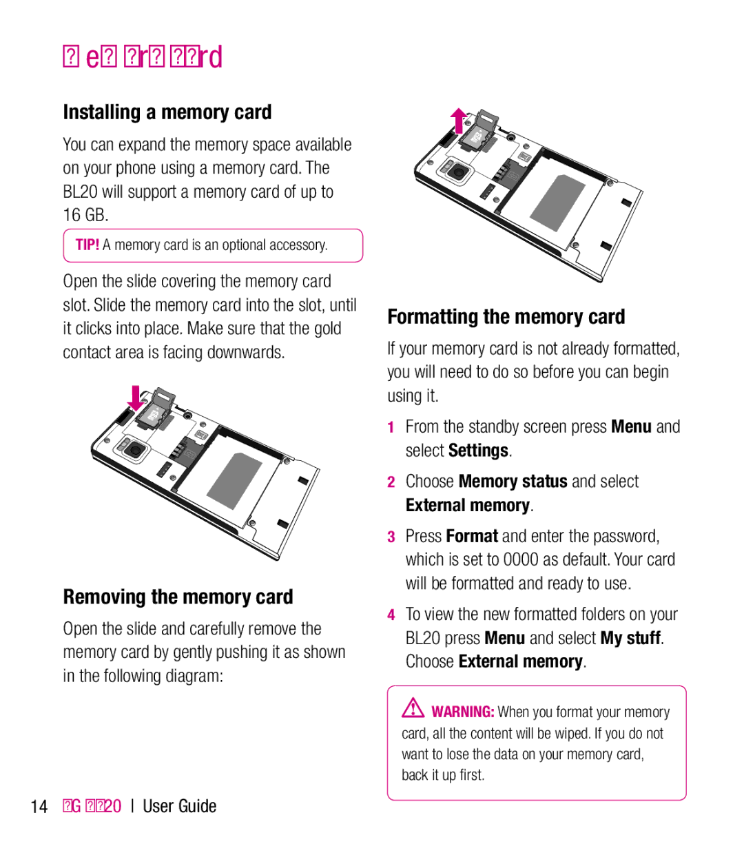 LG Electronics BL20 manual Memory card, Installing a memory card, Removing the memory card, Formatting the memory card 