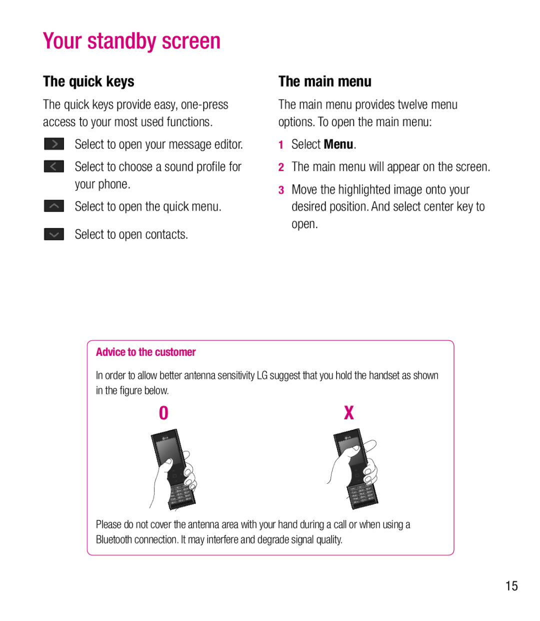 LG Electronics BL20 manual Your standby screen, Quick keys, Main menu 