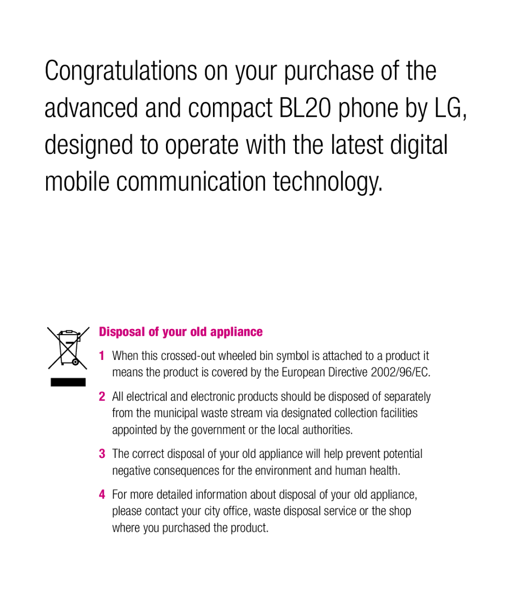 LG Electronics BL20 manual Disposal of your old appliance 