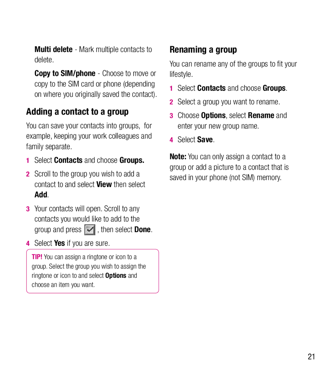 LG Electronics BL20 manual Adding a contact to a group, Renaming a group 