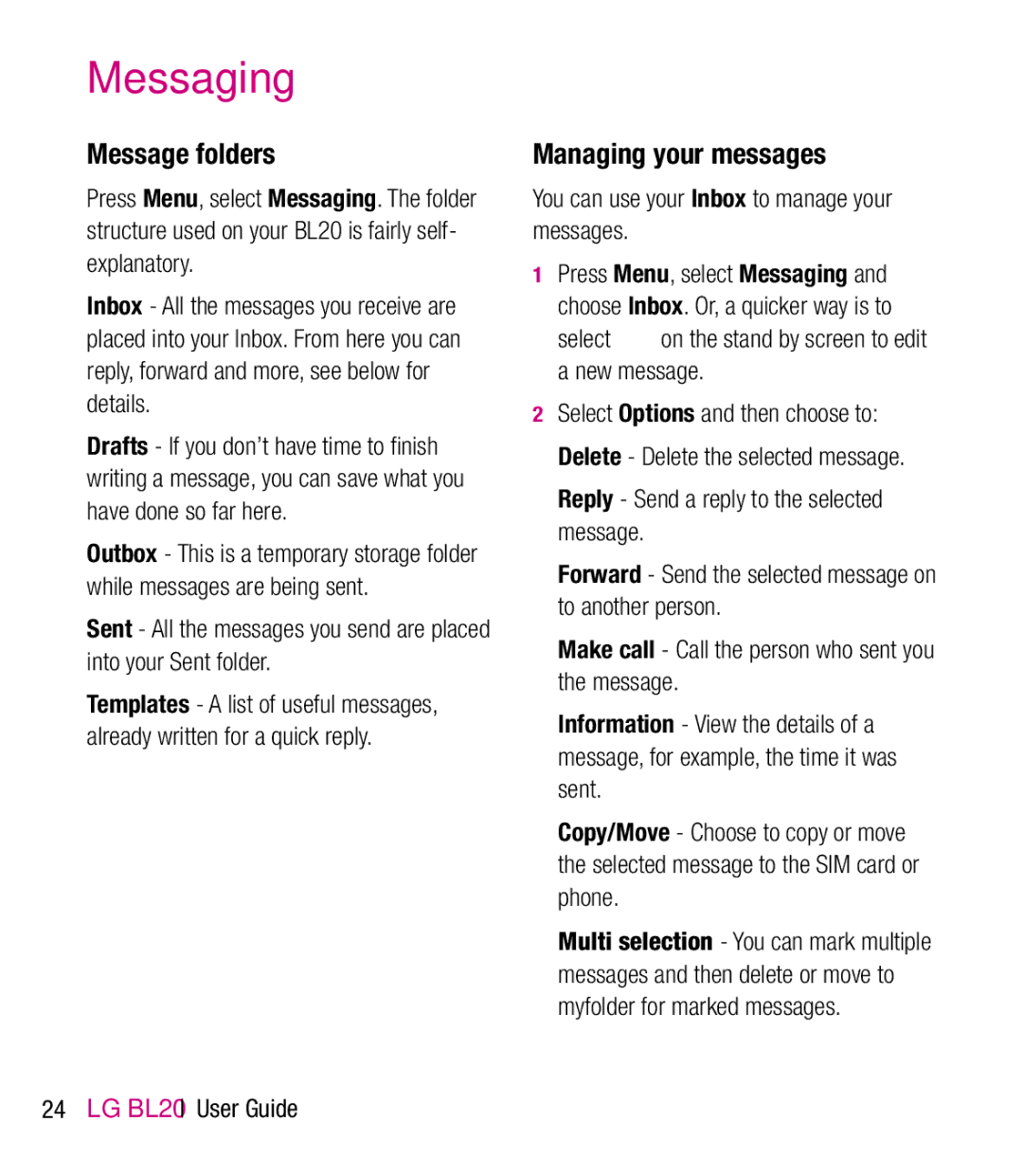 LG Electronics BL20 manual Message folders, Managing your messages 