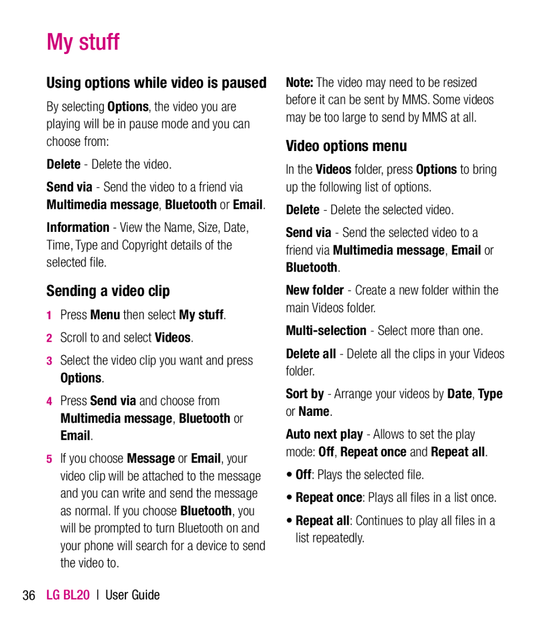 LG Electronics BL20 manual Using options while video is paused, Sending a video clip, Video options menu 