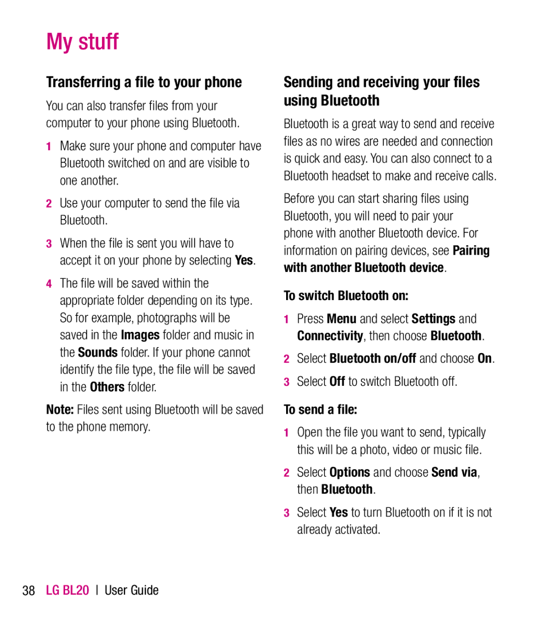 LG Electronics BL20 manual Transferring a ﬁle to your phone, Sending and receiving your ﬁles using Bluetooth 