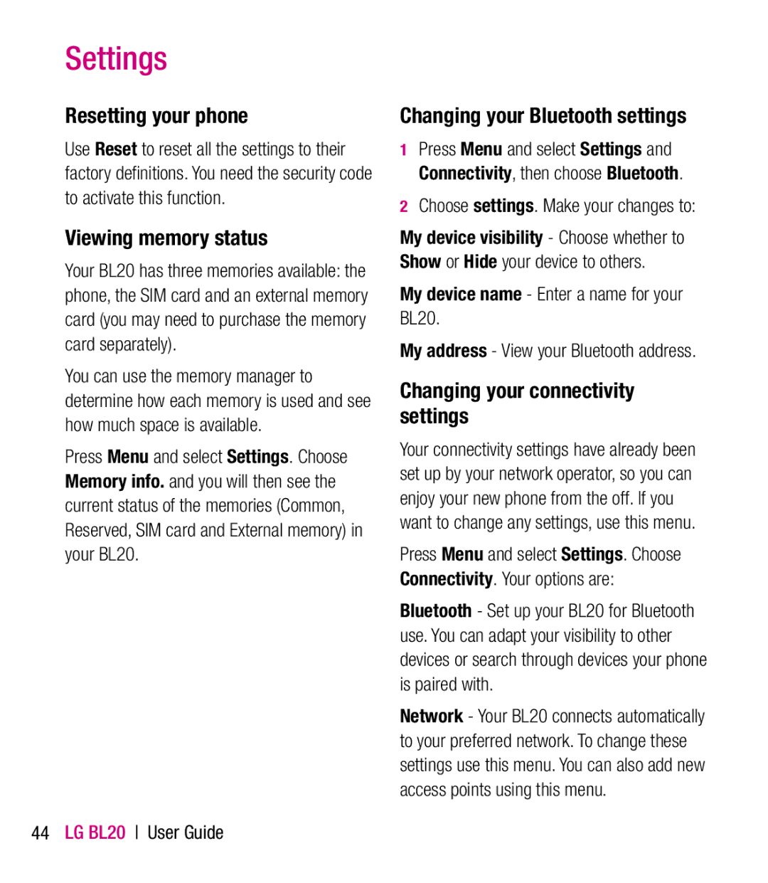 LG Electronics BL20 manual Resetting your phone, Viewing memory status, Changing your Bluetooth settings 