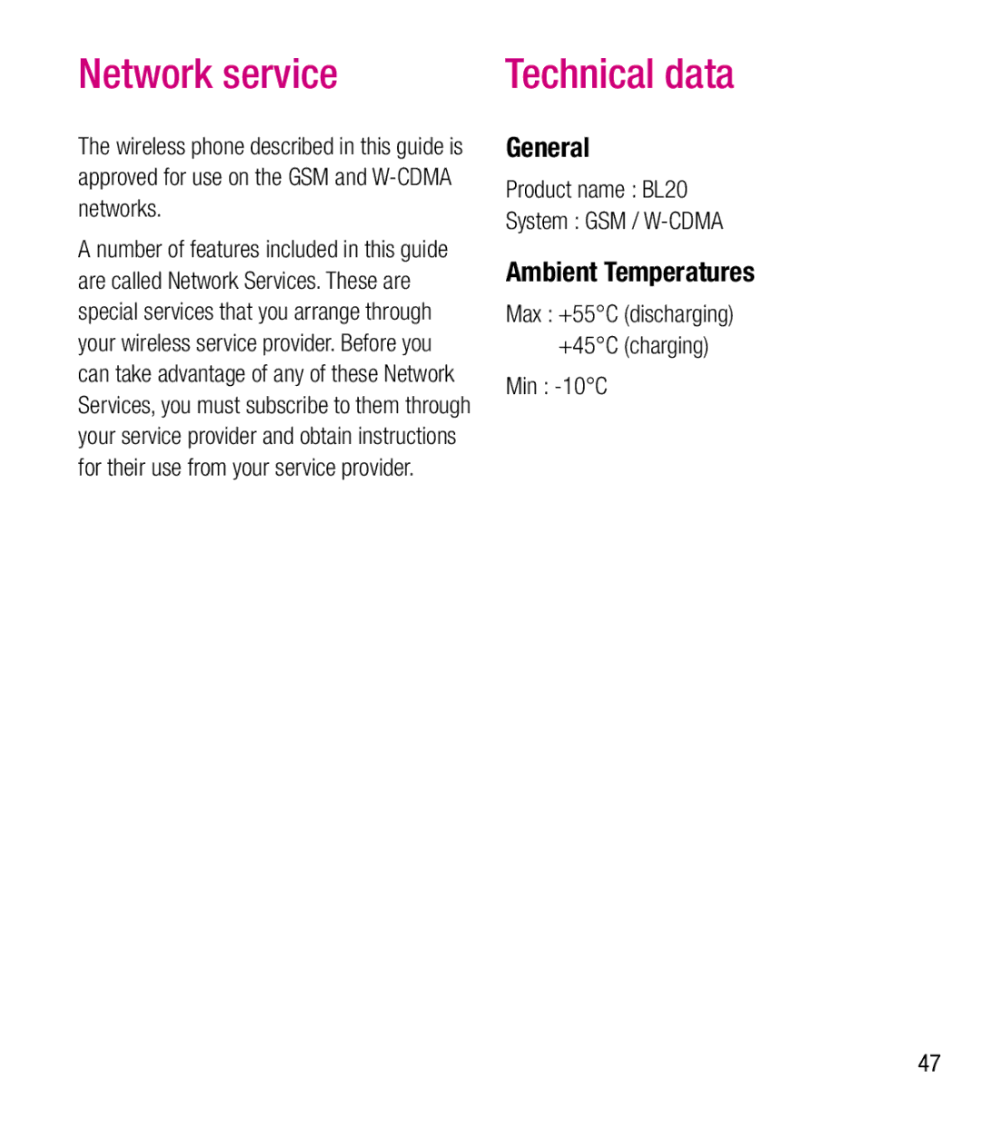 LG Electronics manual Network service, General, Ambient Temperatures, Product name BL20 System GSM / W-CDMA, Min -10C 