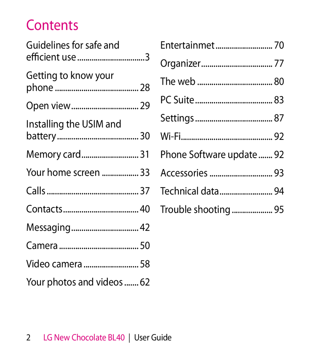 LG Electronics BL40 manual Contents 