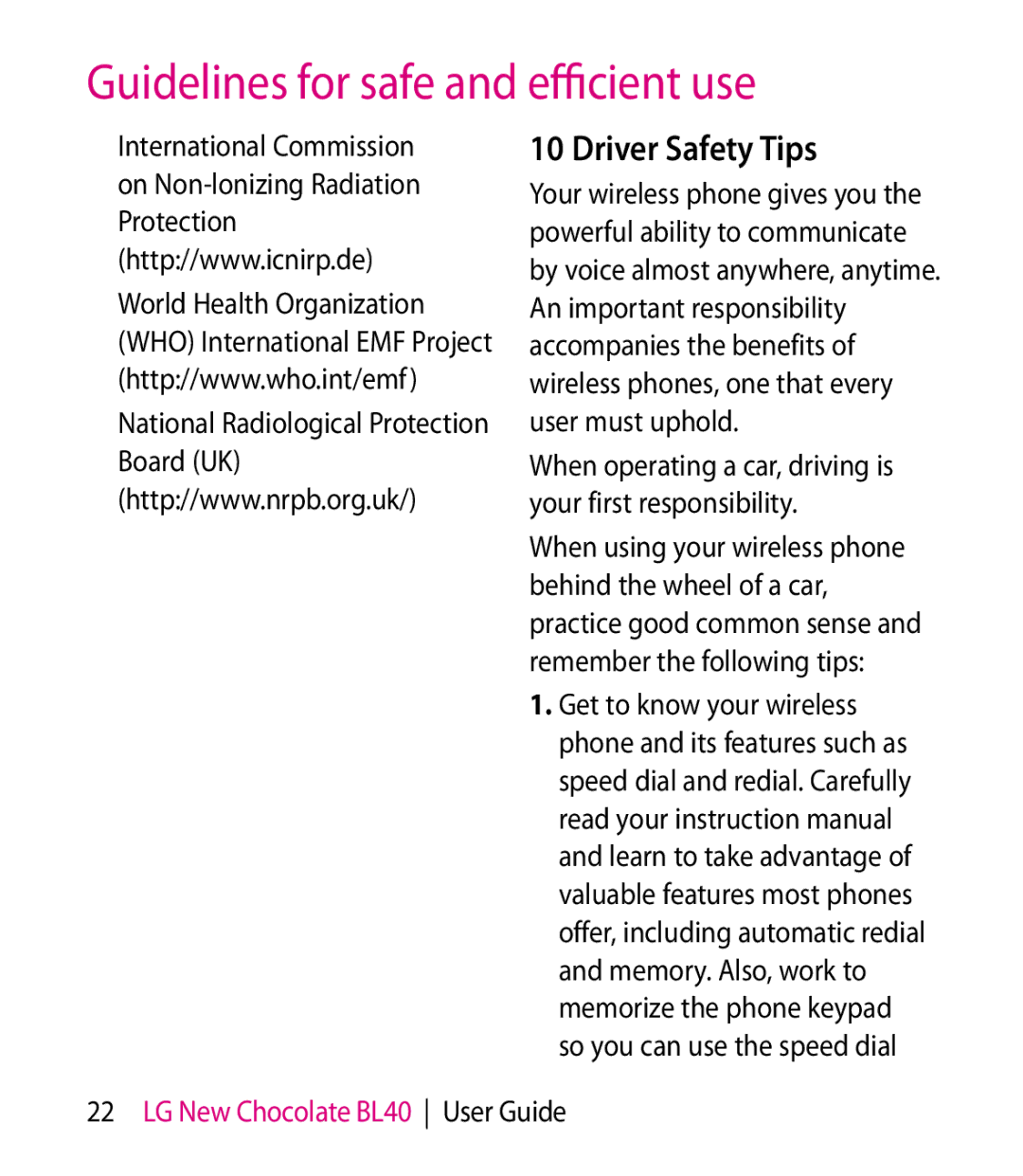 LG Electronics BL40 manual Driver Safety Tips 