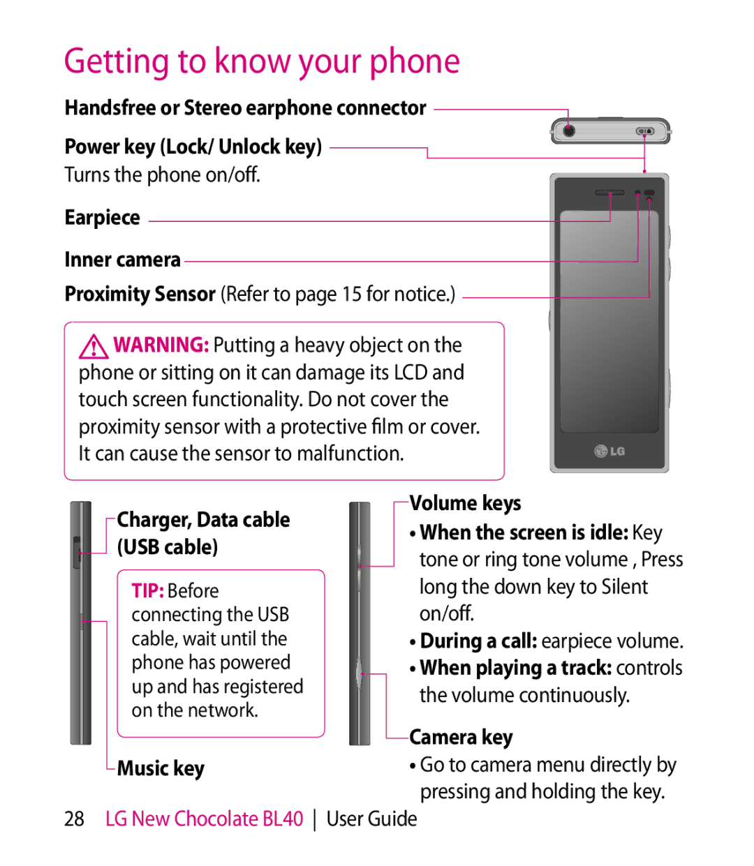 LG Electronics BL40 manual Getting to know your phone, Proximity Sensor Refer to page 15 for notice, Camera key 