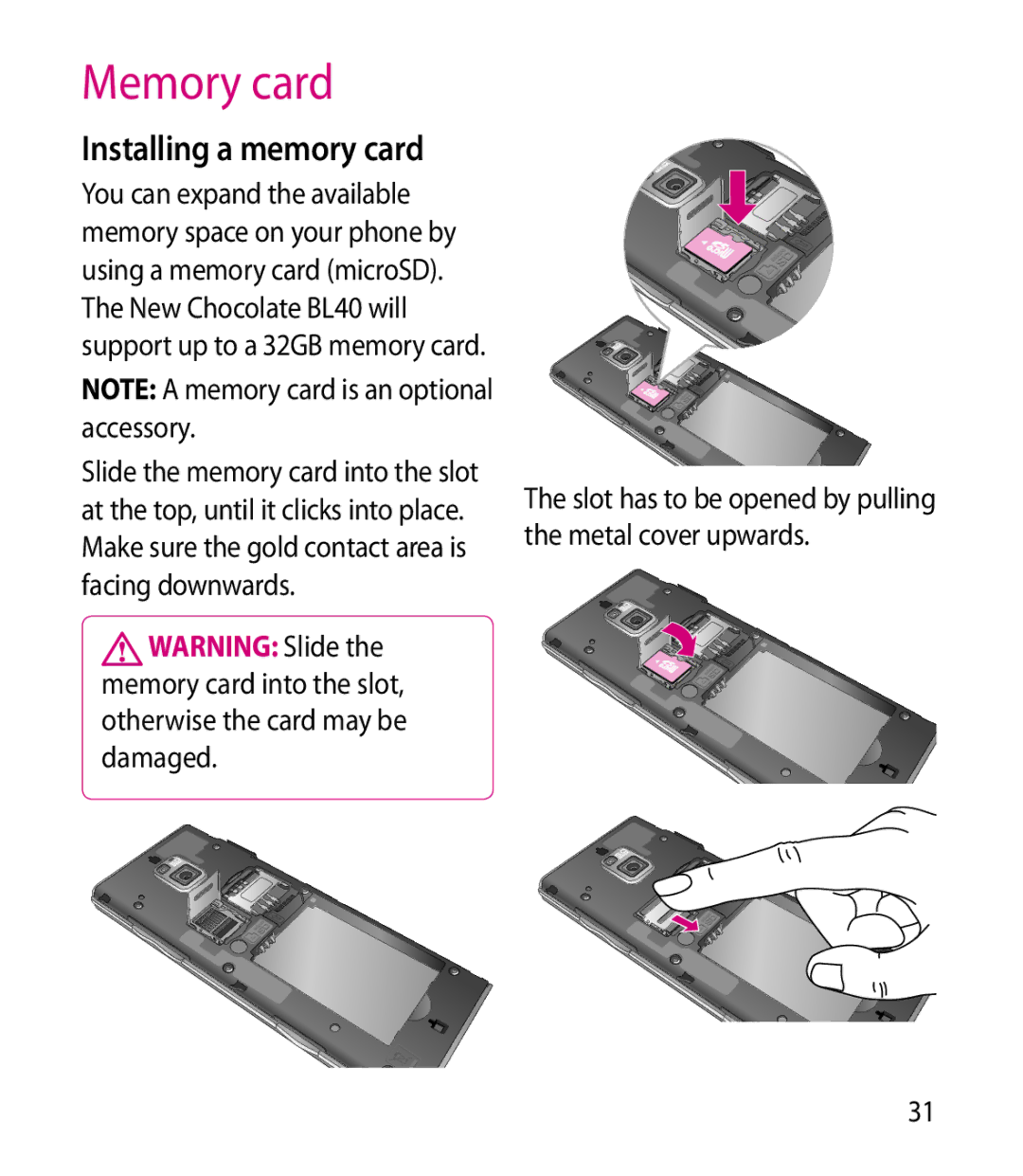 LG Electronics BL40 manual Memory card, Installing a memory card 