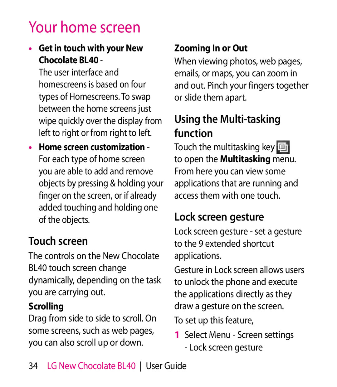 LG Electronics BL40 Touch screen, Lock screen gesture, Using the Multi-tasking function, Scrolling, Zooming In or Out 