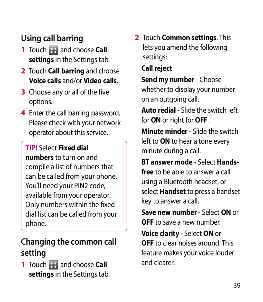 LG Electronics BL40 manual Using call barring, Changing the common call setting, Choose any or all of the five options 