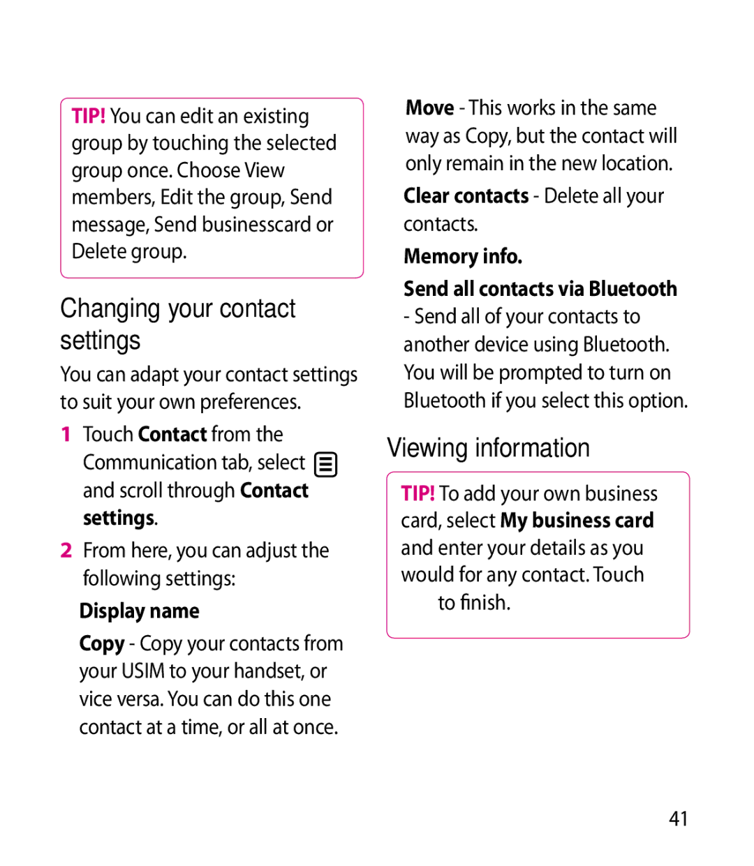 LG Electronics BL40 manual Changing your contact settings, Viewing information, Display name, To finish 