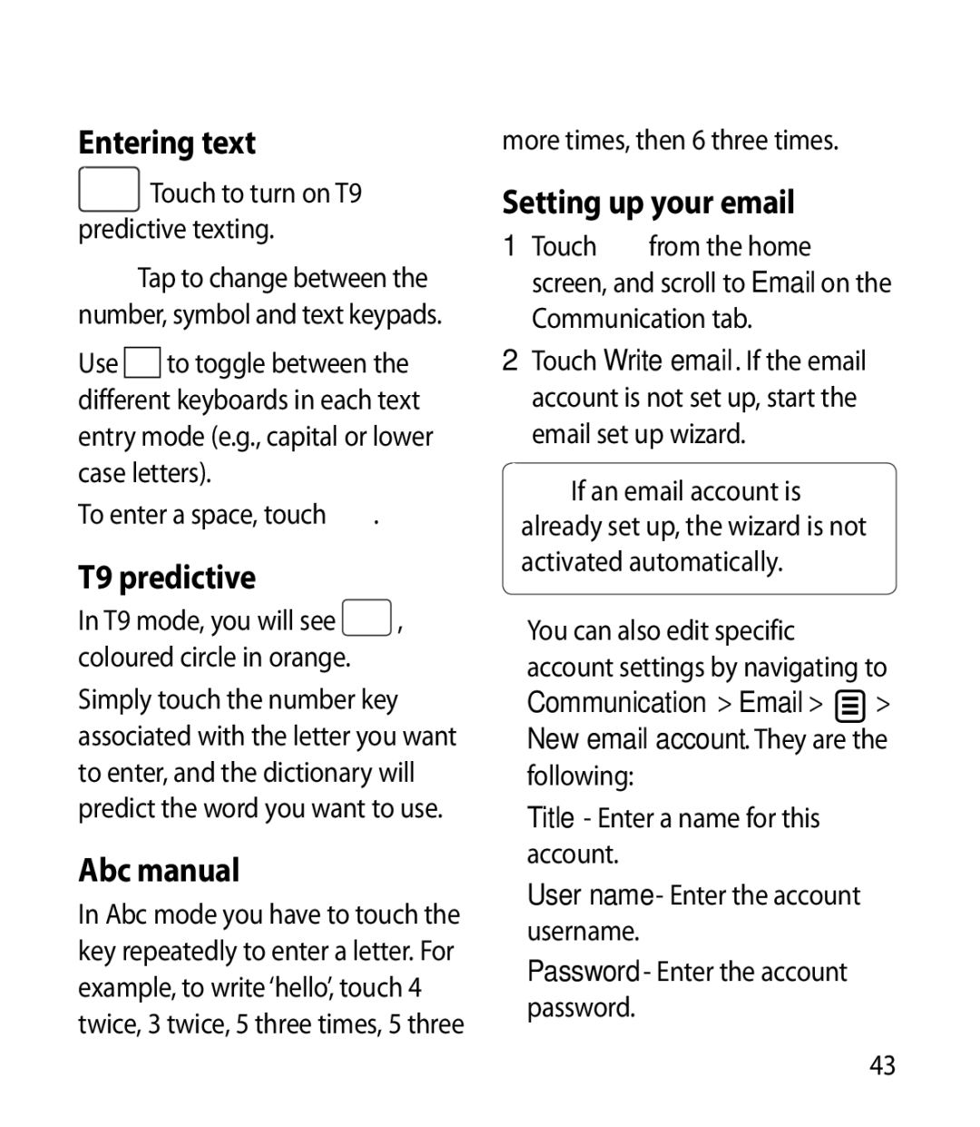 LG Electronics BL40 Entering text, T9 predictive, Abc manual, Setting up your email 