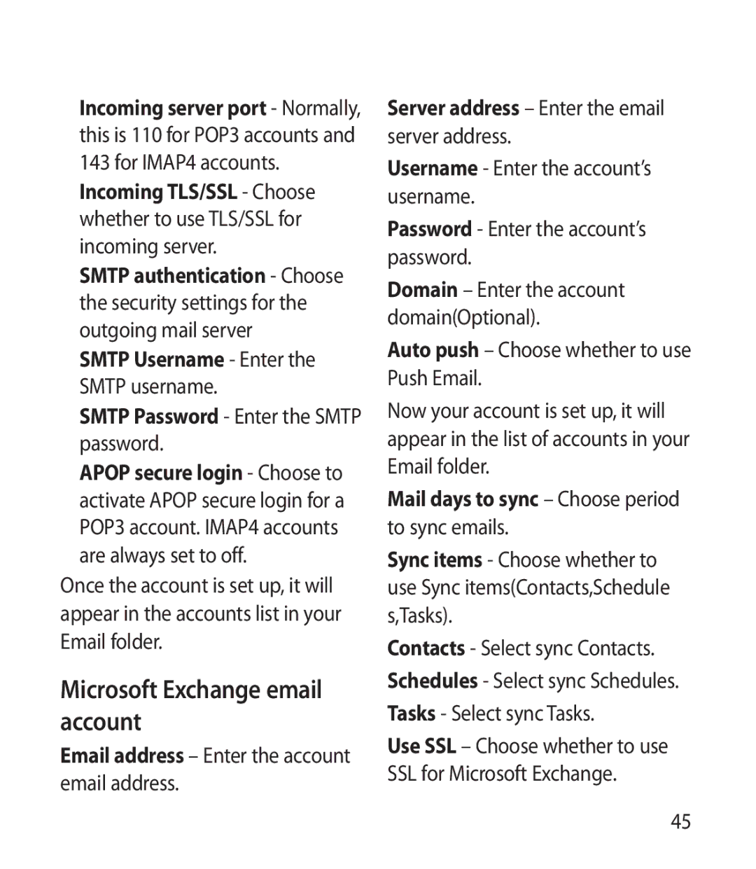 LG Electronics BL40 manual Microsoft Exchange email account, Smtp Password Enter the Smtp password 