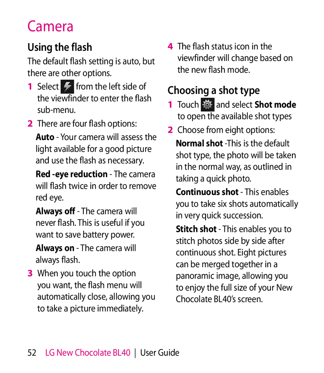 LG Electronics BL40 manual Using the flash, Choosing a shot type, Choose from eight options 
