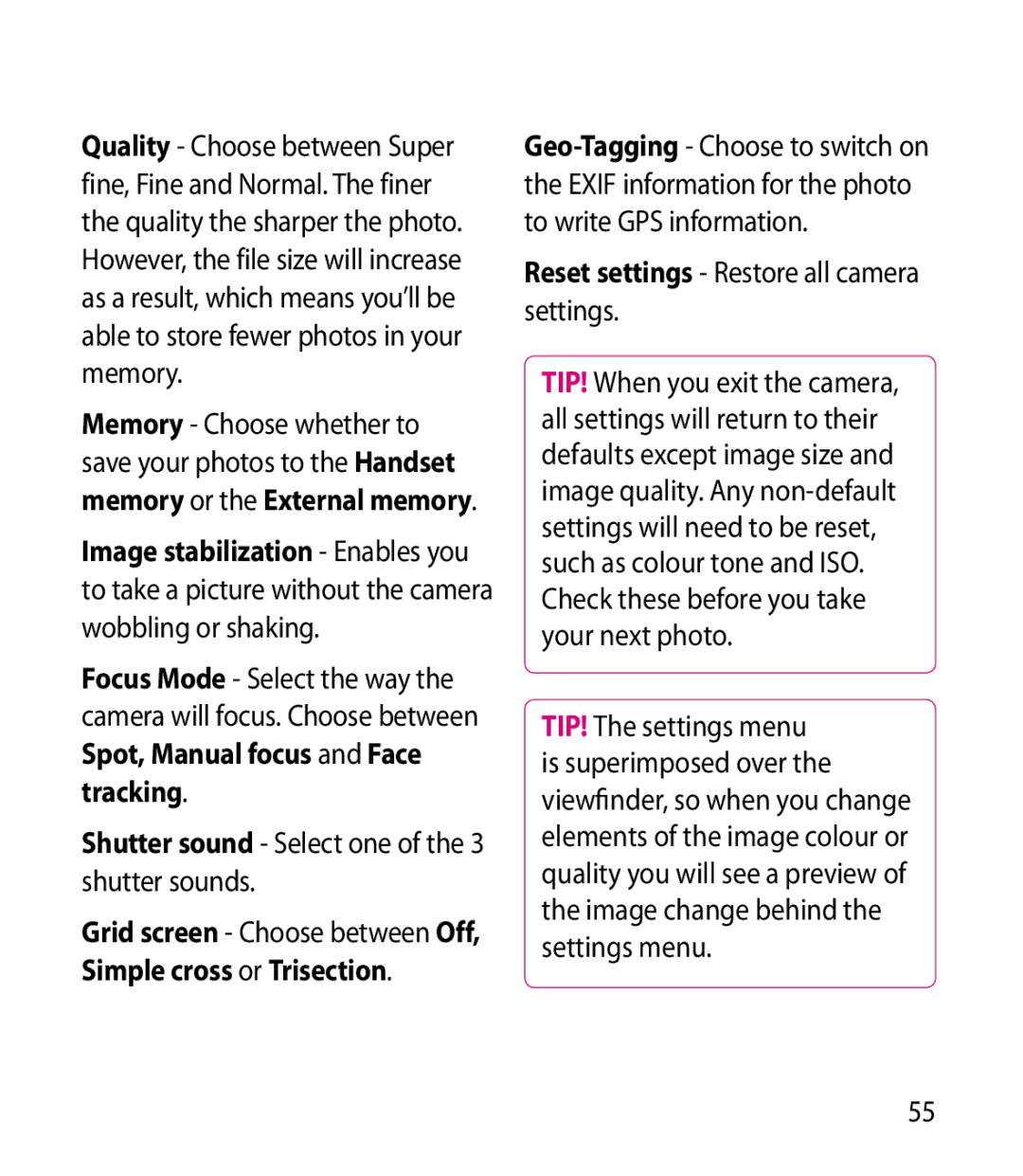 LG Electronics BL40 manual Shutter sound Select one of the 3 shutter sounds, Reset settings Restore all camera settings 