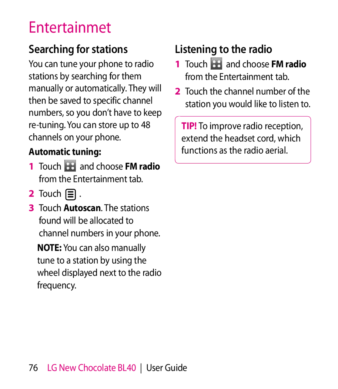 LG Electronics BL40 manual Searching for stations, Listening to the radio, Automatic tuning 