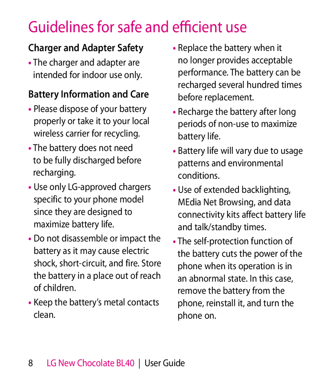 LG Electronics BL40 manual Charger and Adapter Safety, Battery Information and Care 