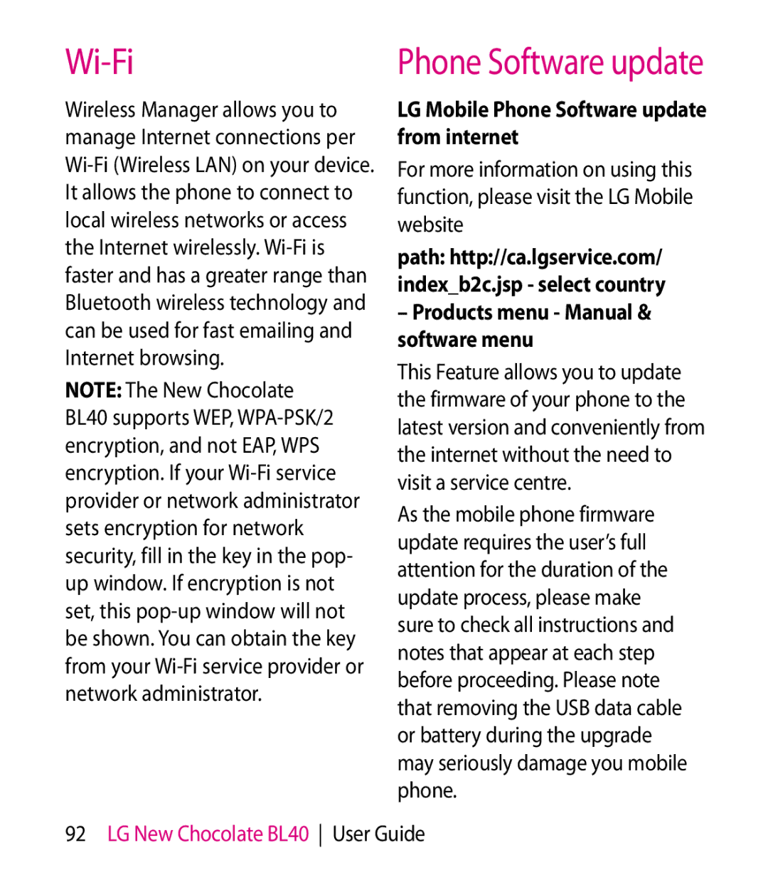 LG Electronics BL40 manual Wi-Fi, LG Mobile Phone Software update from internet, Products menu Manual & software menu 
