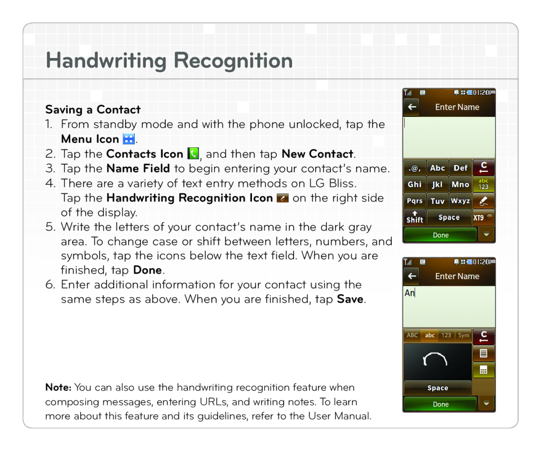 LG Electronics Bliss quick start N dwrit i n g R eco gnit io n, Saving a Contact, Me nu Ico n 