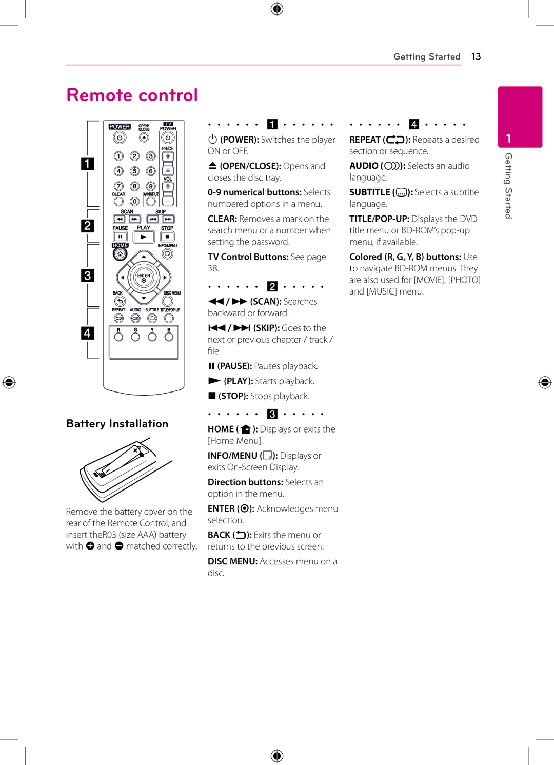 LG Electronics BP120 owner manual Remote control, Battery Installation, BOPEN/CLOSE Opens and closes the disc tray 