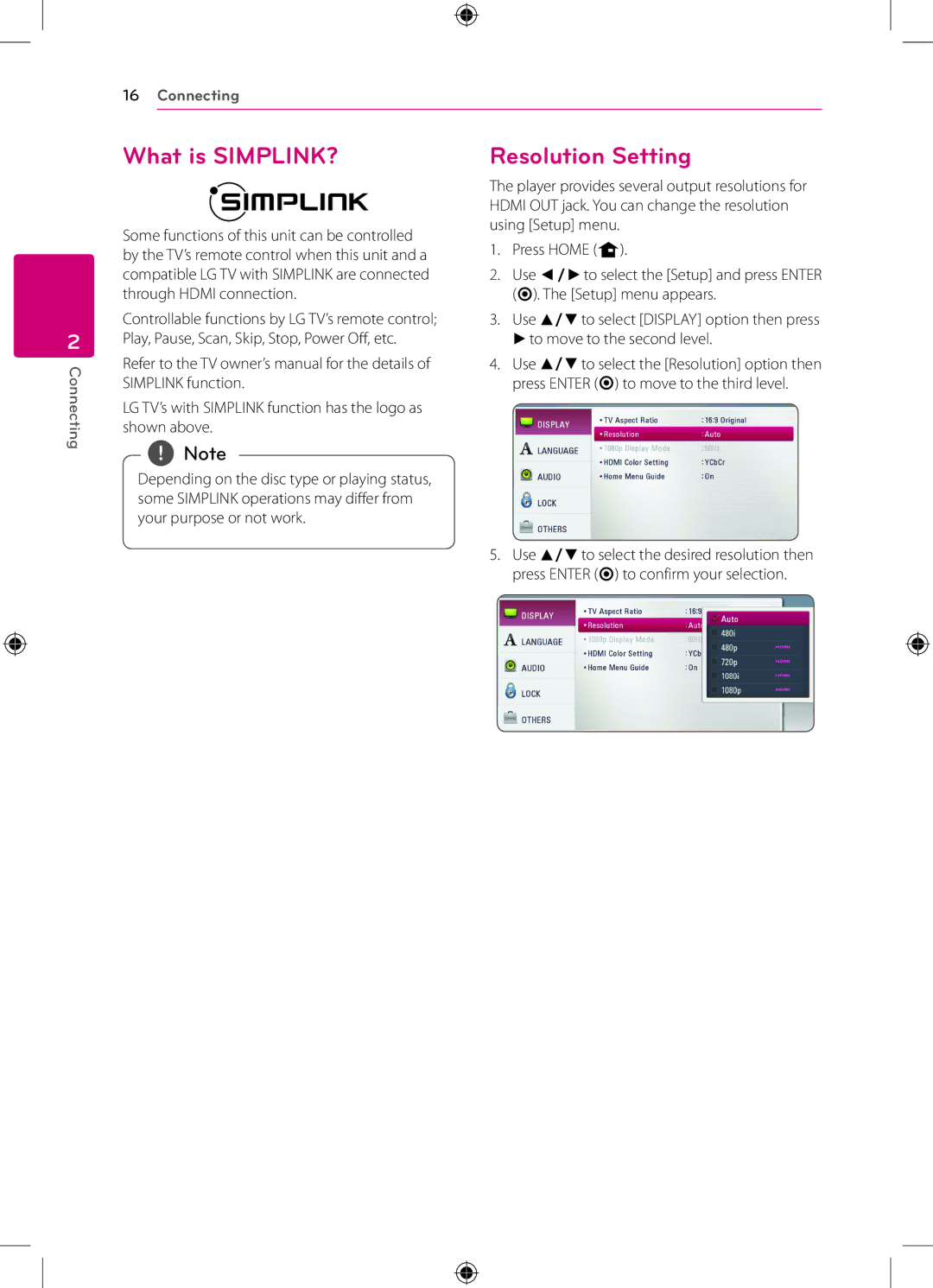 LG Electronics BP120 owner manual What is SIMPLINK?, Resolution Setting 