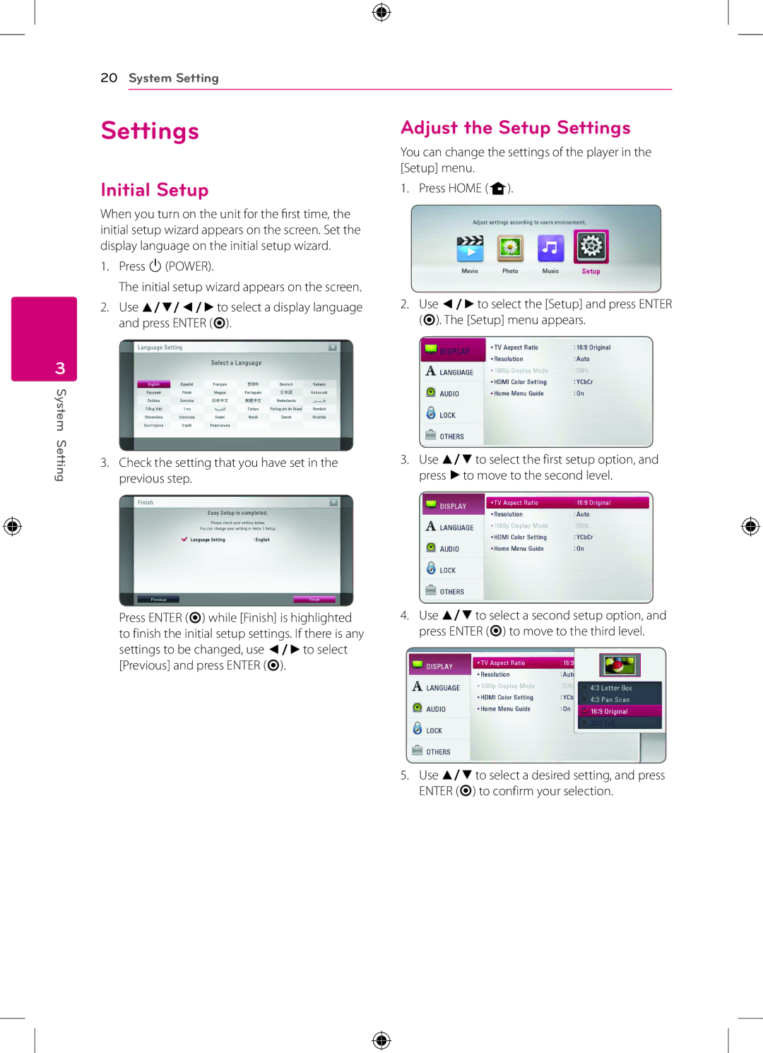 LG Electronics BP120 owner manual Settings, Initial Setup 