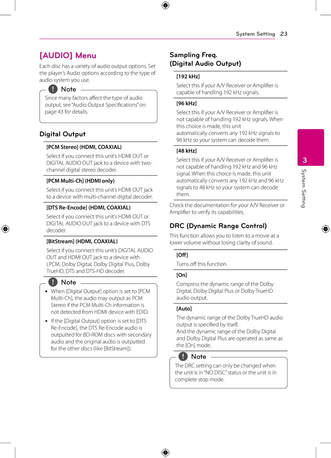 LG Electronics BP120 owner manual Audio Menu, Digital Output, Sampling Freq Digital Audio Output, DRC Dynamic Range Control 