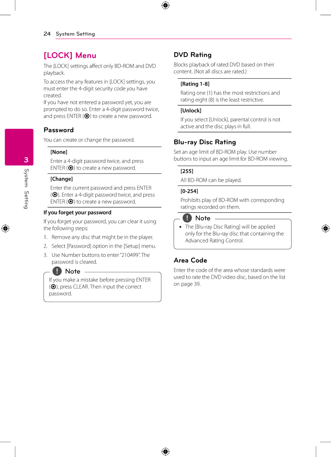 LG Electronics BP120 owner manual Lock Menu, Password, DVD Rating, Blu-ray Disc Rating, Area Code 