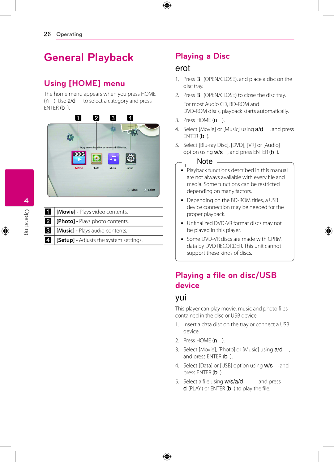 LG Electronics BP120 owner manual General Playback, Using Home menu, Playing a Disc, Playing a file on disc/USB device 