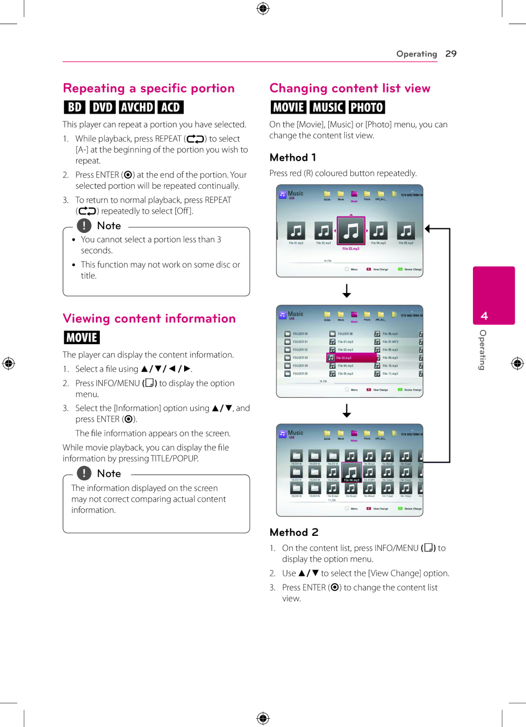 LG Electronics BP120 Repeating a specific portion, Changing content list view, Viewing content information, Method 