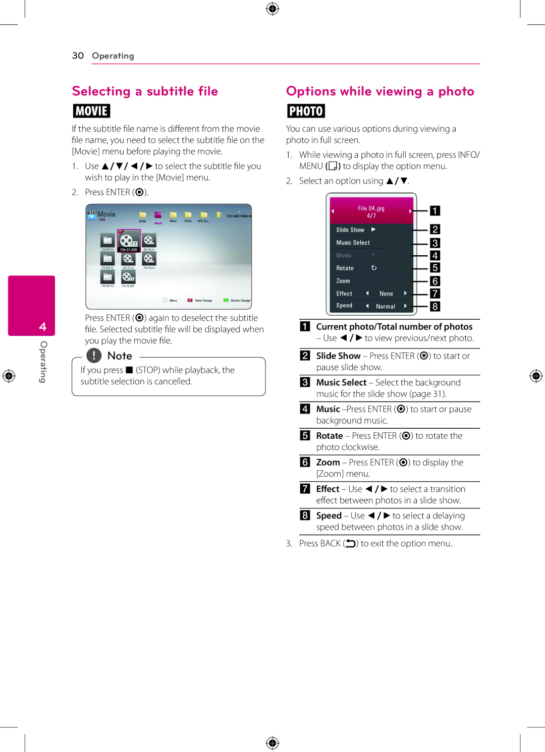 LG Electronics BP120 owner manual Selecting a subtitle file, Options while viewing a photo 