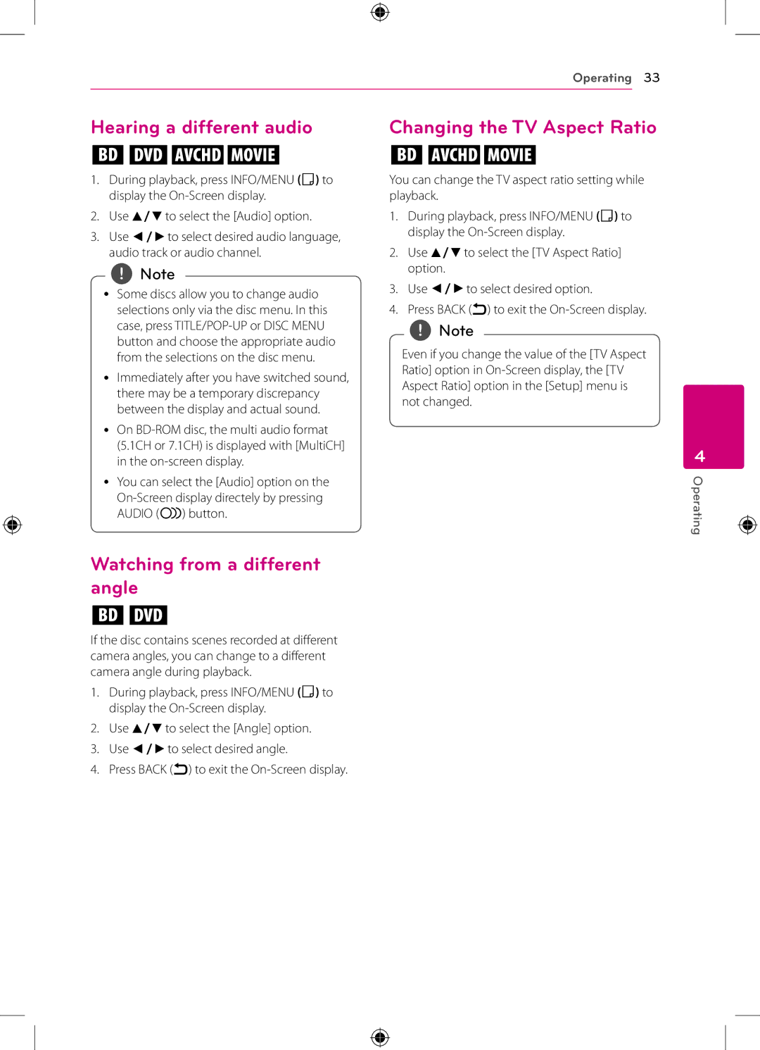 LG Electronics BP120 owner manual Hearing a different audio, Changing the TV Aspect Ratio, Watching from a different angle 