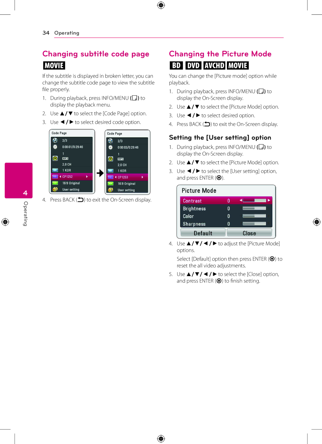 LG Electronics BP120 owner manual Changing subtitle code, Changing the Picture Mode, Setting the User setting option 