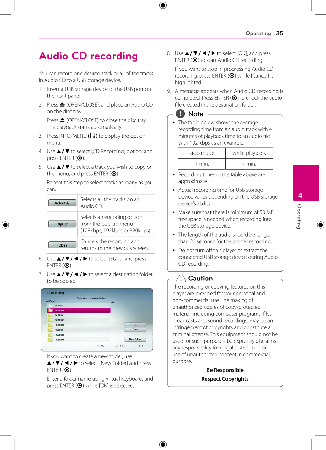 LG Electronics BP120 owner manual Audio CD recording 