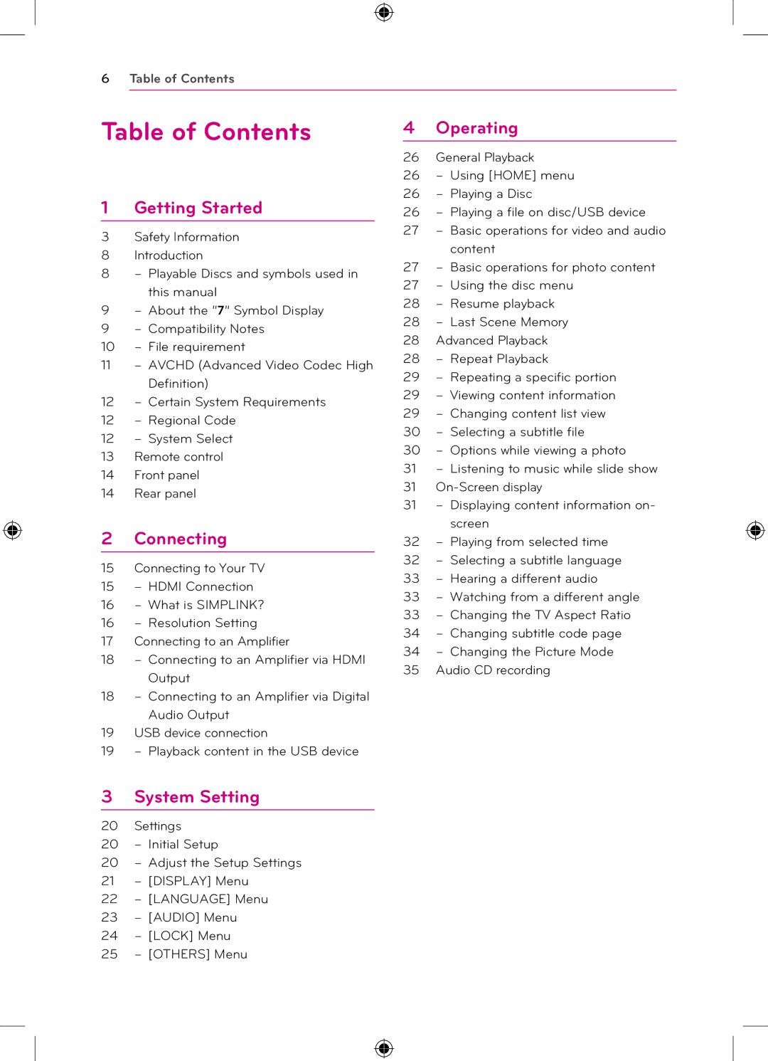 LG Electronics BP120 owner manual Table of Contents 