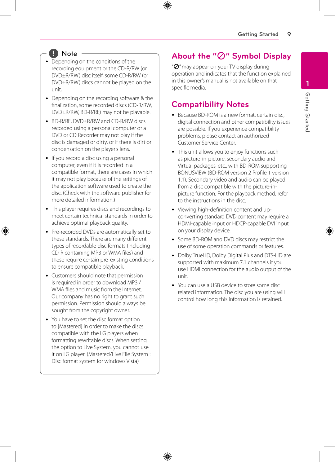 LG Electronics BP120 owner manual About the 7 Symbol Display Compatibility Notes 