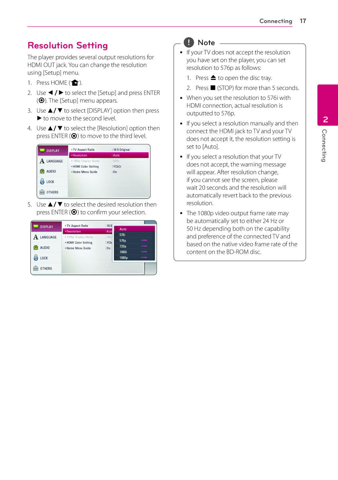 LG Electronics BP125N owner manual Resolution Setting 