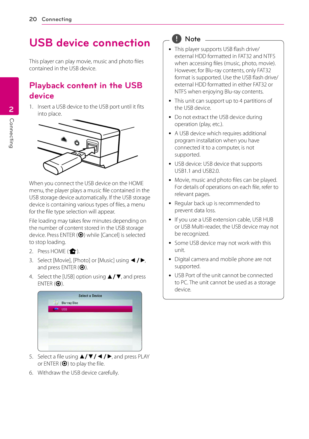 LG Electronics BP125N owner manual USB device connection, Playback content in the USB device 