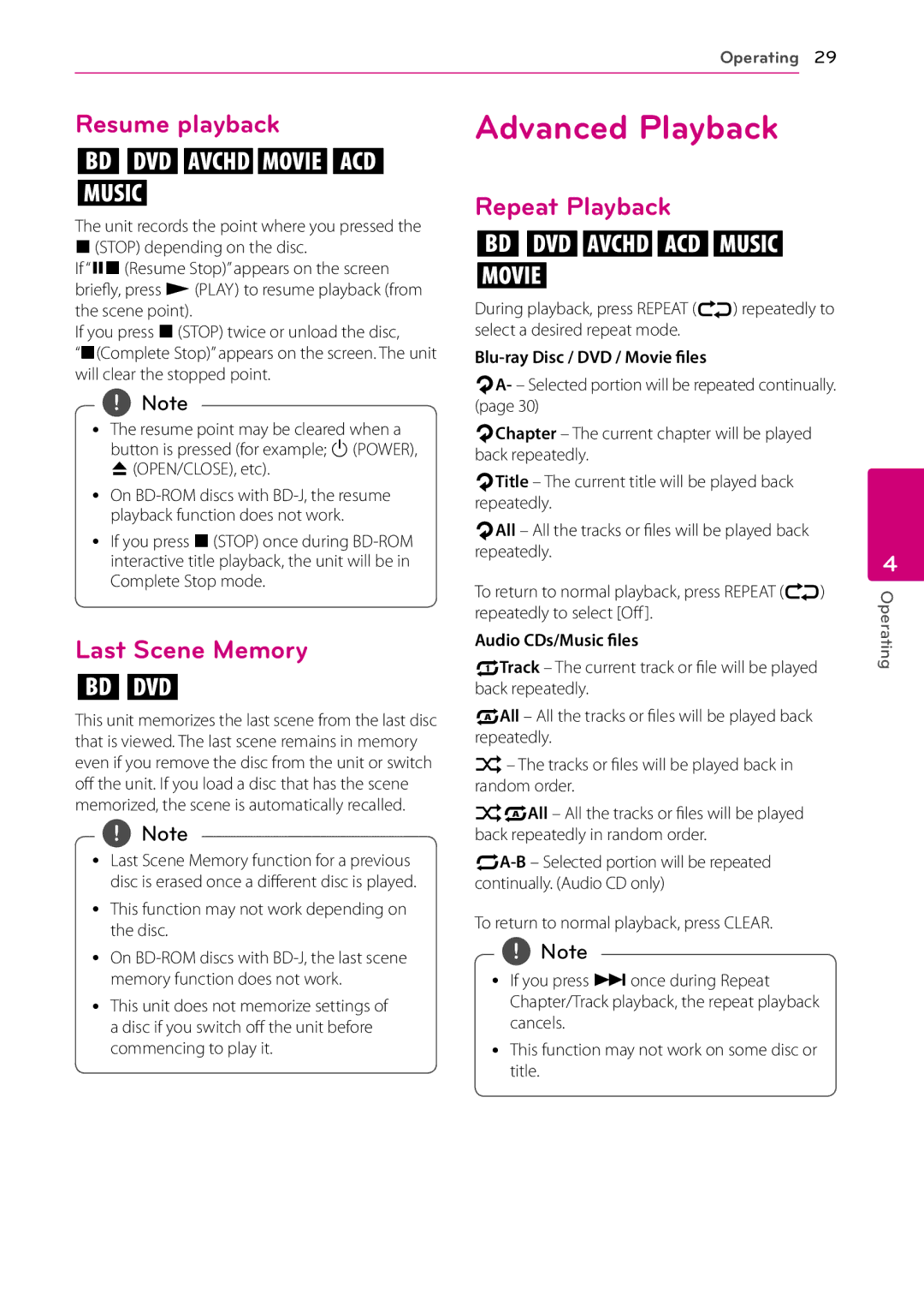 LG Electronics BP125N owner manual Advanced Playback, Resume playback, Last Scene Memory, Repeat Playback 