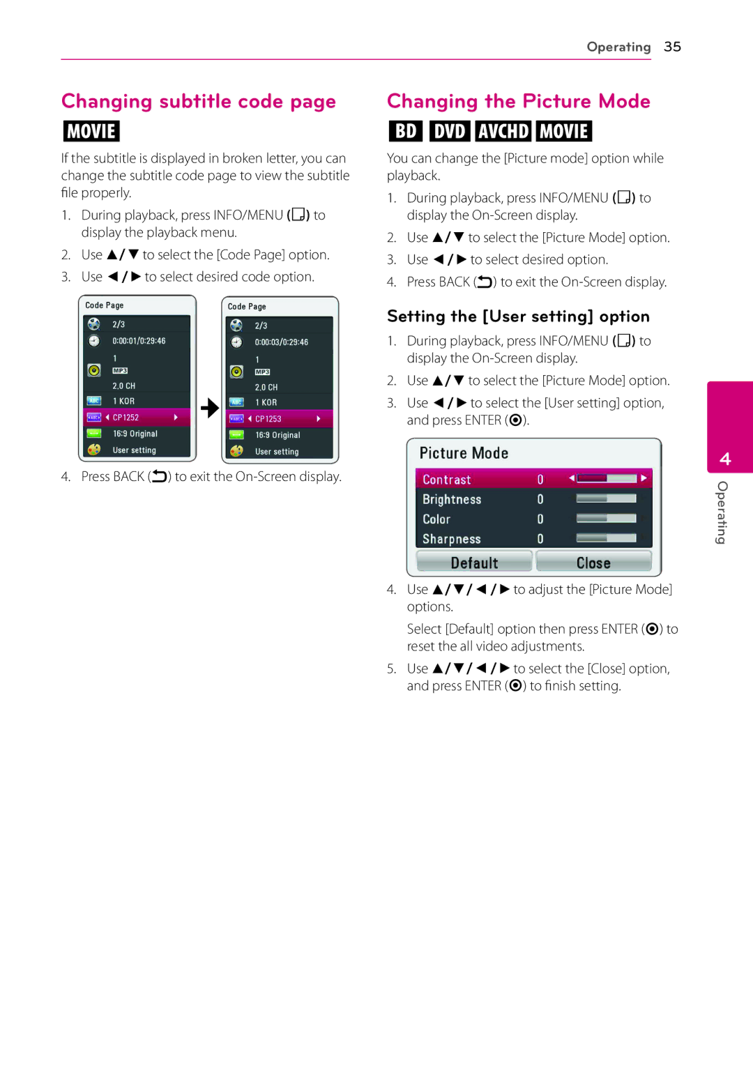 LG Electronics BP125N owner manual Changing subtitle code, Changing the Picture Mode, Setting the User setting option 