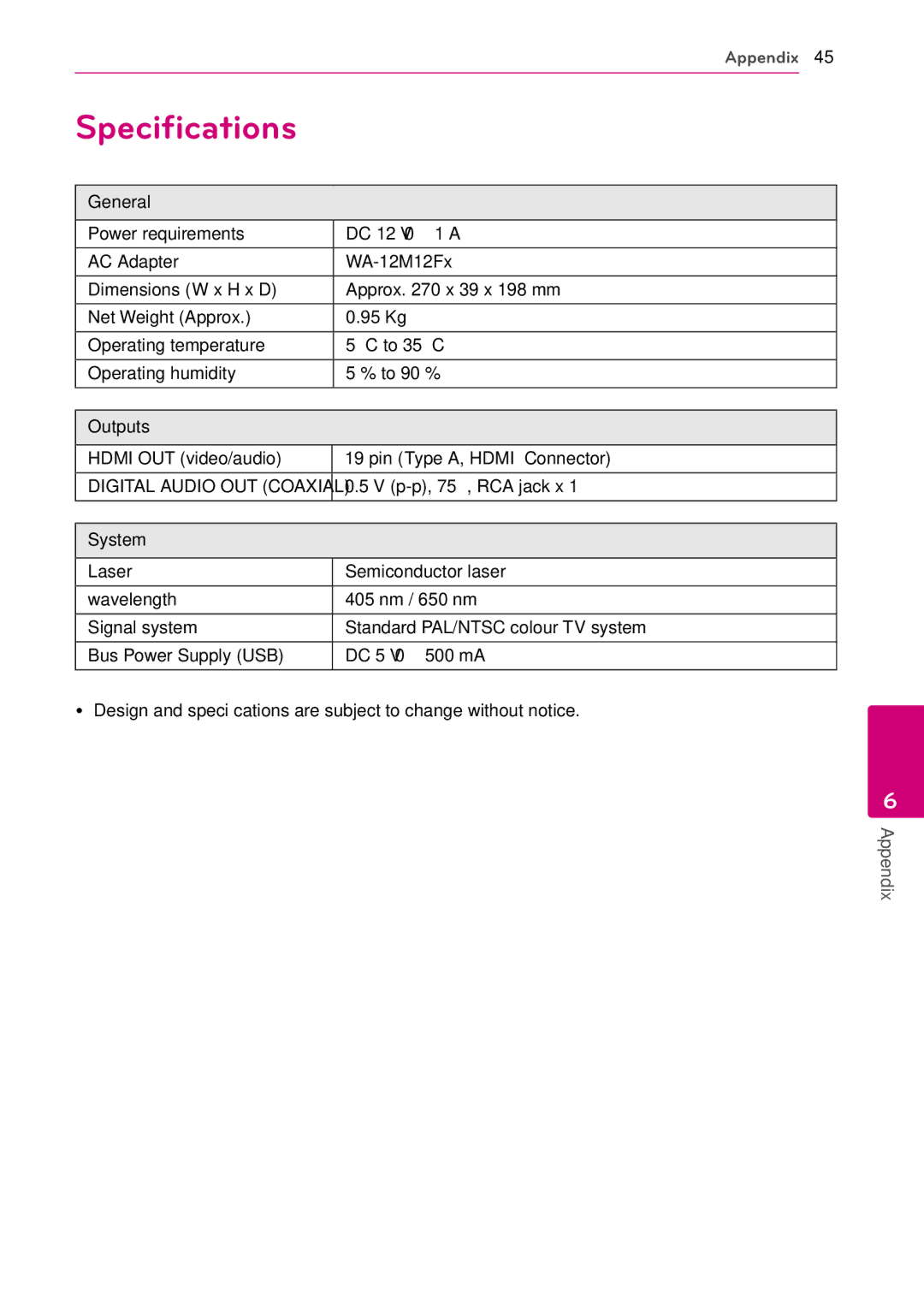 LG Electronics BP125N owner manual Specifications, P-p, 75 Ω, RCA jack x 