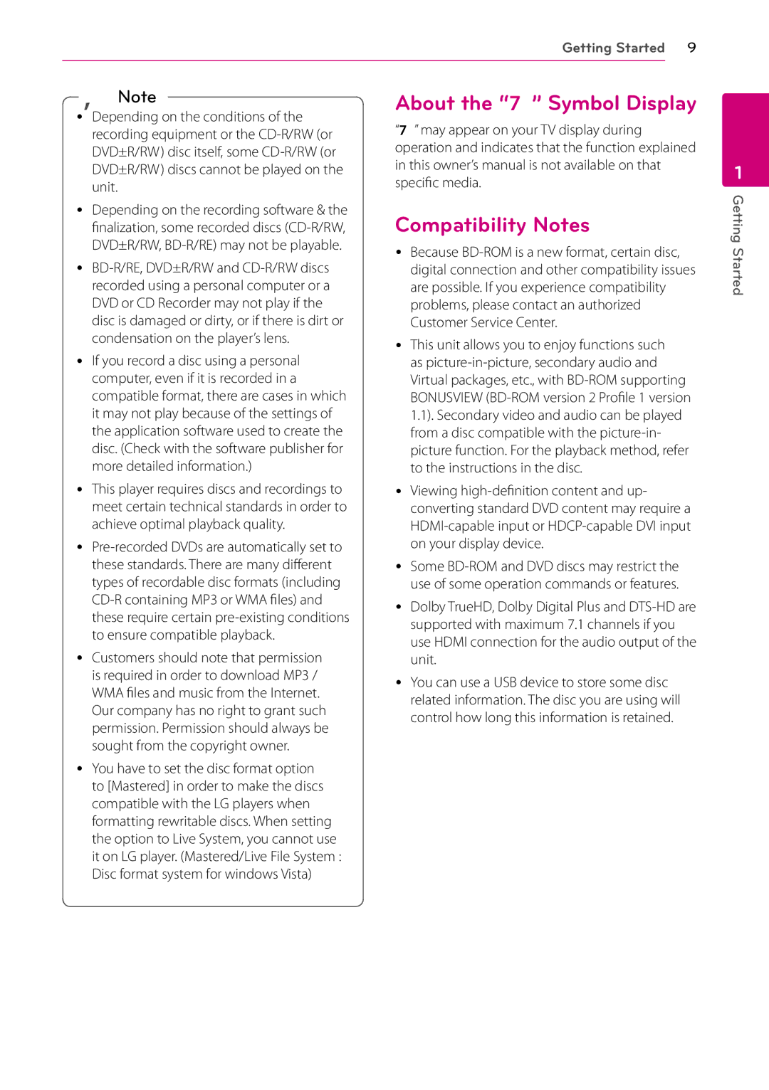 LG Electronics BP125N owner manual About the 7 Symbol Display Compatibility Notes 