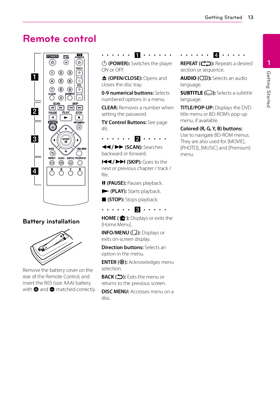 LG Electronics BP200 owner manual Remote control, Battery installation 